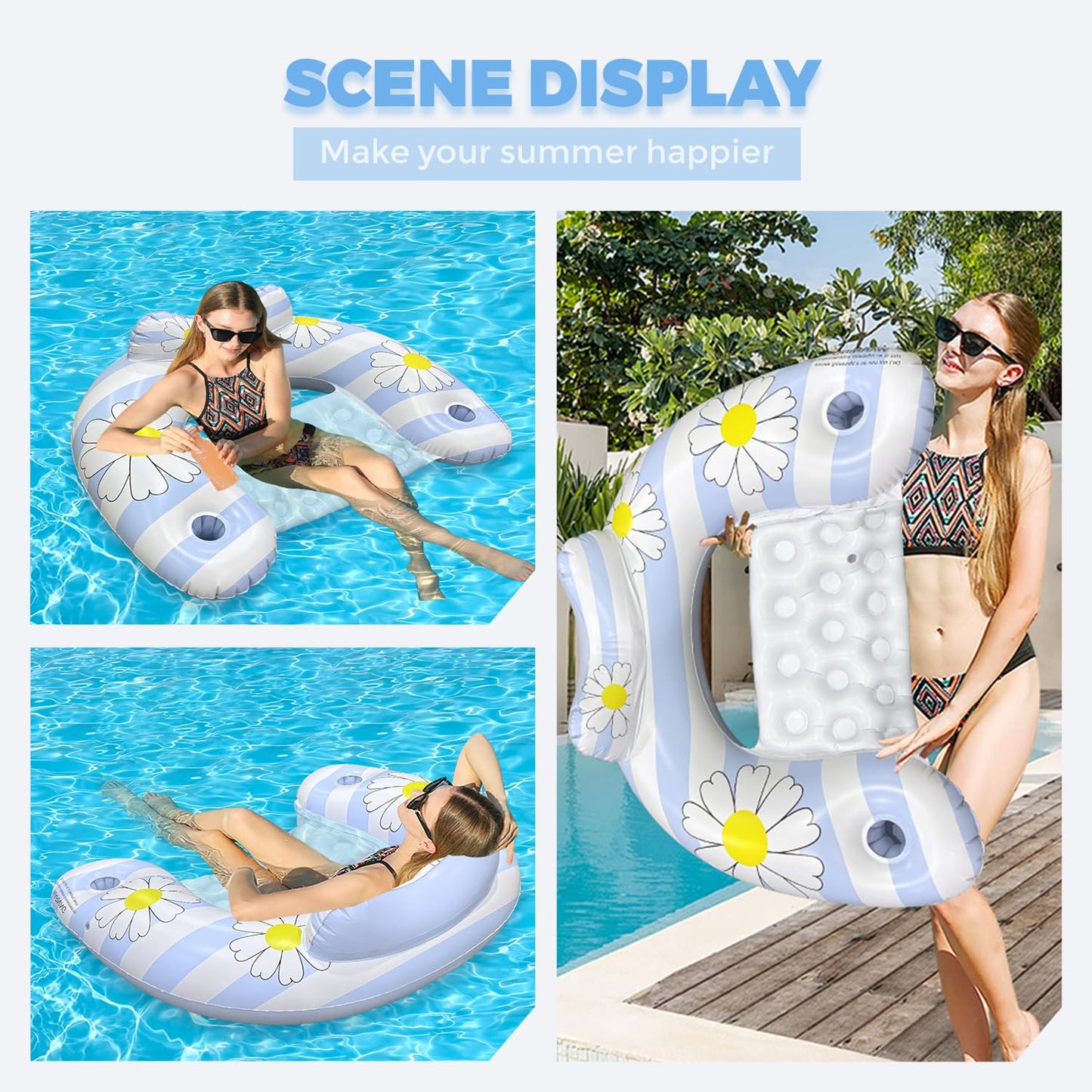 Daisy Inflatable Pool Floats 2-Pack for Adults: U-Shaped Lounge Chairs with Cup Holders, Portable for Pool, Beach, Summer Fun - Image 8