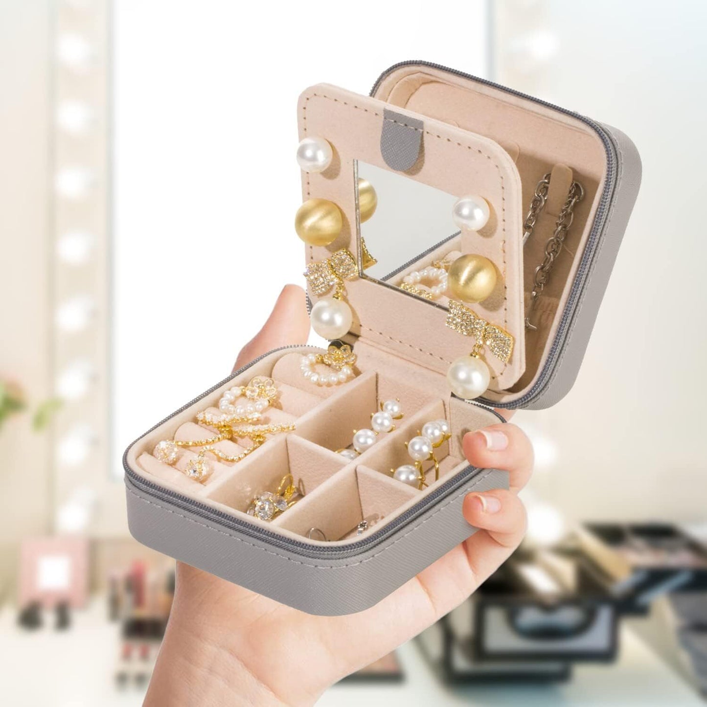 Grey Travel Jewelry Box with Mirror: Chic, Organised Storage for Rings, Necklaces & Earrings, Ideal for Aussies - Image 6