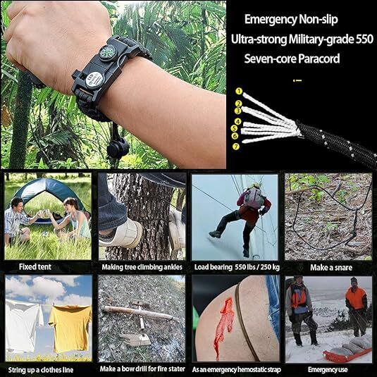 21 in 1 Survival Bracelet, Paracord Emergency Outdoor Sports Wristband Kit Waterproof Compass, SOS LED Light, Thermometer, Rescue Whistle, Fire Starter. Multi 21 Tools (Black 2 Pc) - Image 6