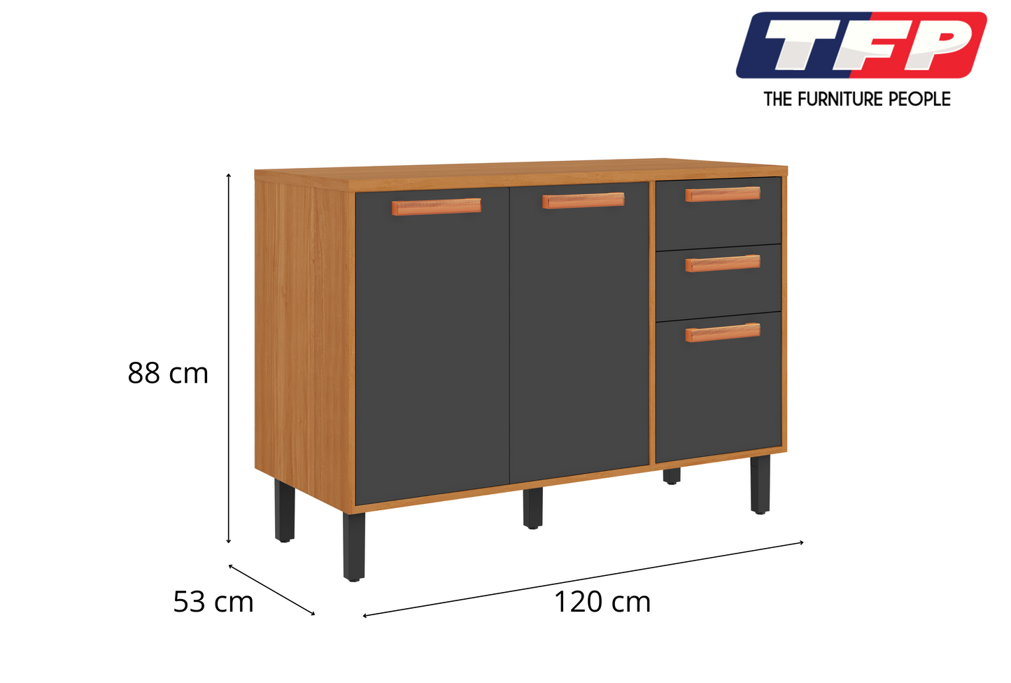 Base Kitchen Wooden Cabinet/Cupboard with 3 Doors + 2 Drawers in Cinnamon Finish - Napoles Graphite Flat Pack DIY