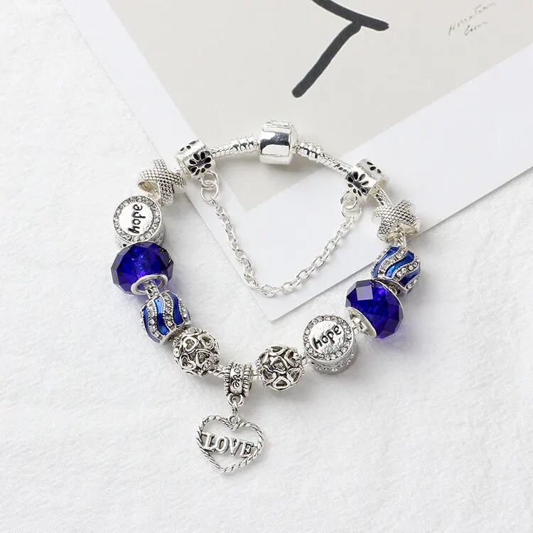Romantic Love Heart Pendant Bracelet with Rhinestones, Glass Beads(21cm) - Image 2