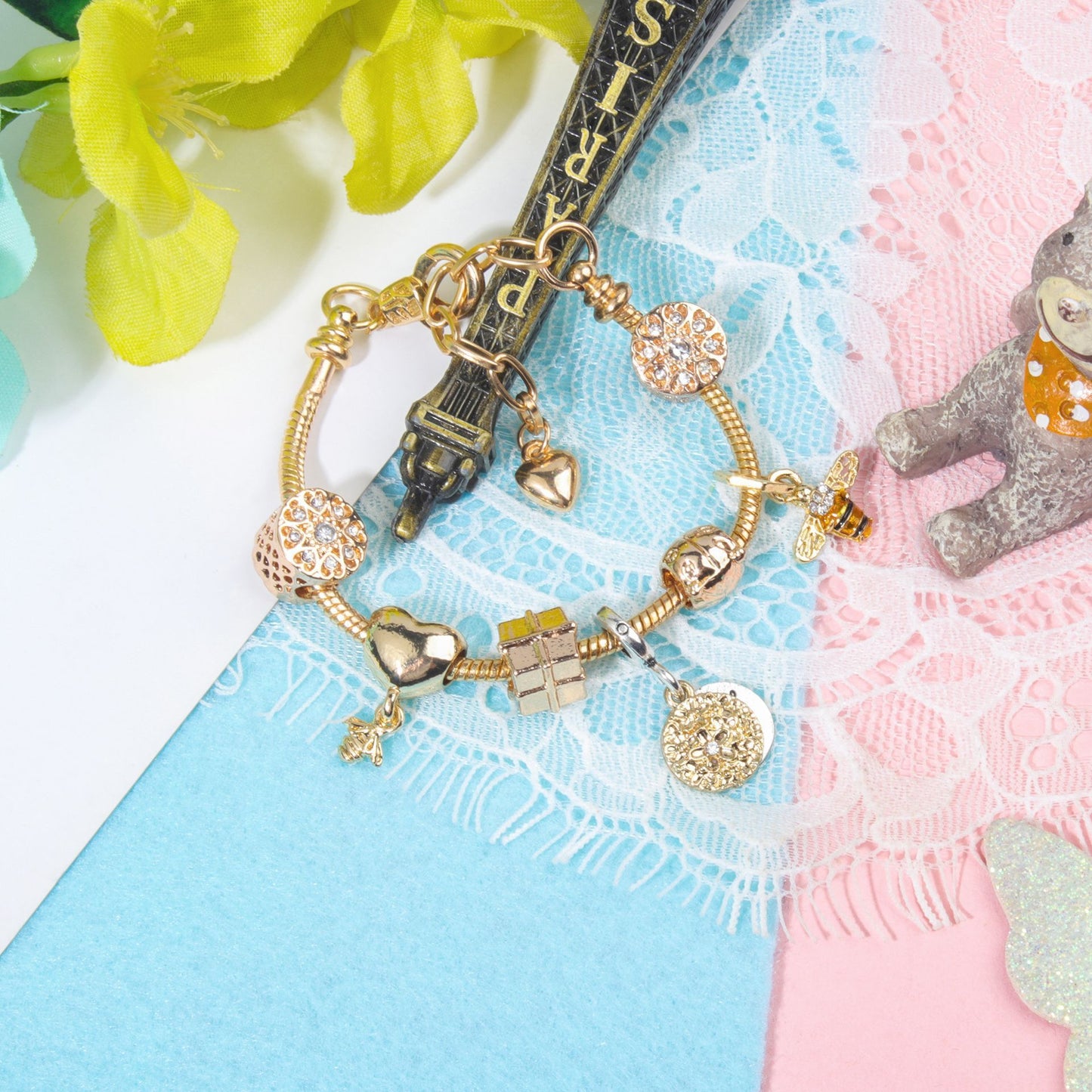 Golden Heart & Bee Charm Bracelet with Rhinestones, Hollow Flower & Gift Box Beads(16cm) - Image 7