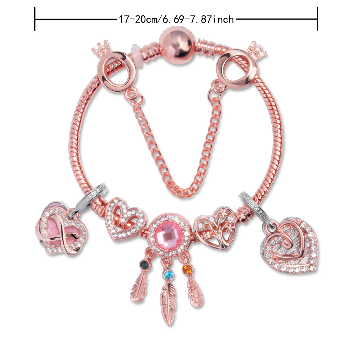 Rose Gold Bracelet with Pink Heart Charms & Crystal Rhinestones(18cm) - Image 7