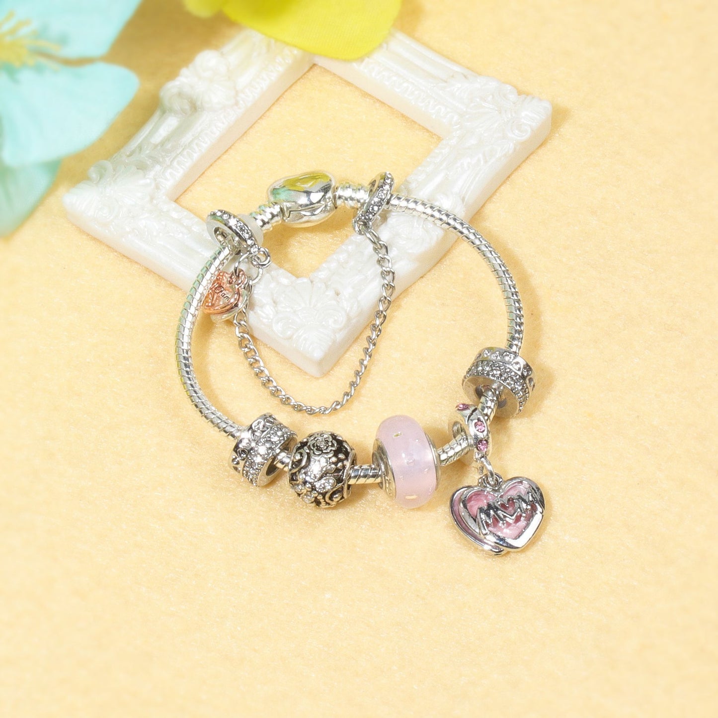Heart Charm Beaded Bracelet with Crystals(18cm) - Image 7