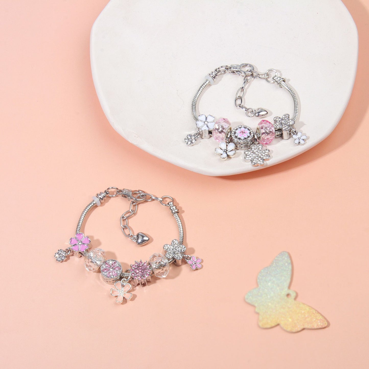 Chic Camellia Bead Charm DIY Bracelet with Crystal(white flower-18cm) - Image 9