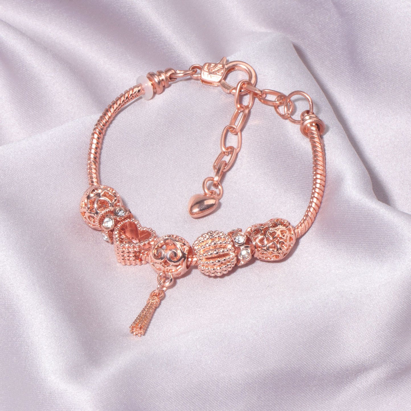 Rose Gold Hollow Carved Heart Bead Tassel Bracelet(16cm) - Image 7