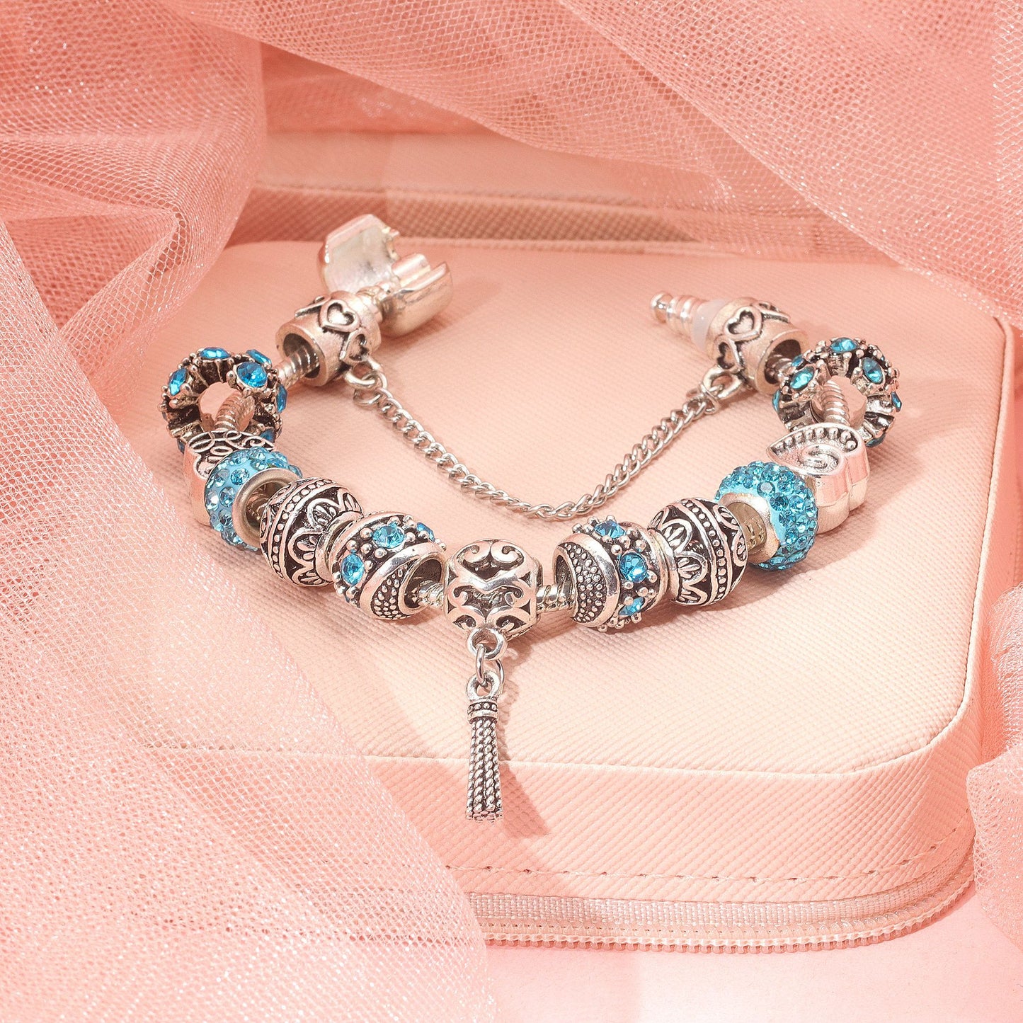 Women’s Vintage Silver-Plated Charm Bracelet - Crystal-Embedded Hollow Carved Multi-Bead Fashion Jewelry(blue-17cm) - Image 5