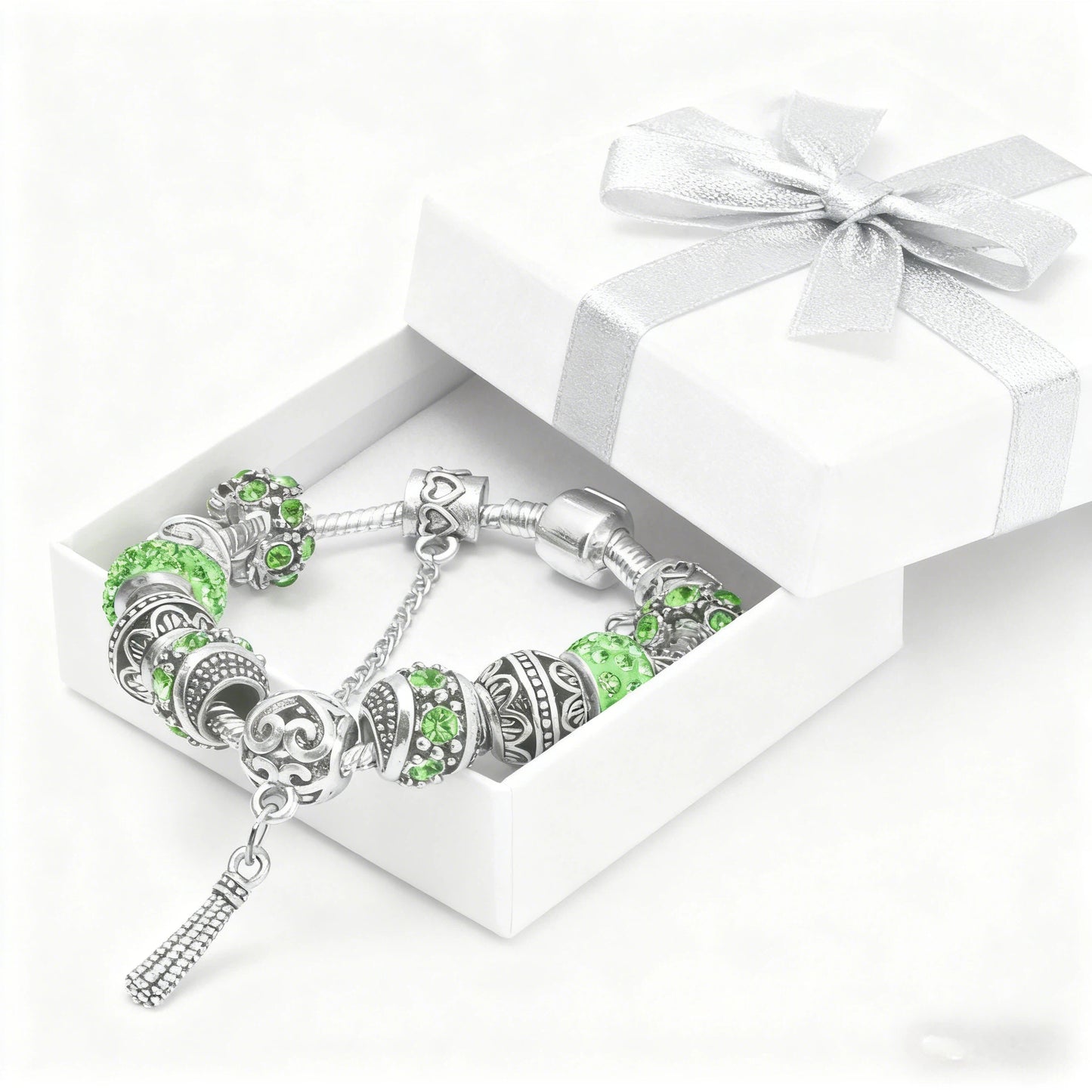 Women’s Vintage Silver-Plated Charm Bracelet - Crystal-Embedded Hollow Carved Multi-Bead Fashion Jewelry(green-18cm) - Image 6