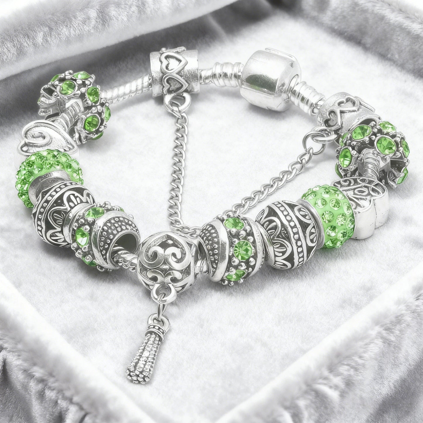 Women’s Vintage Silver-Plated Charm Bracelet - Crystal-Embedded Hollow Carved Multi-Bead Fashion Jewelry(green-19cm) - Image 5