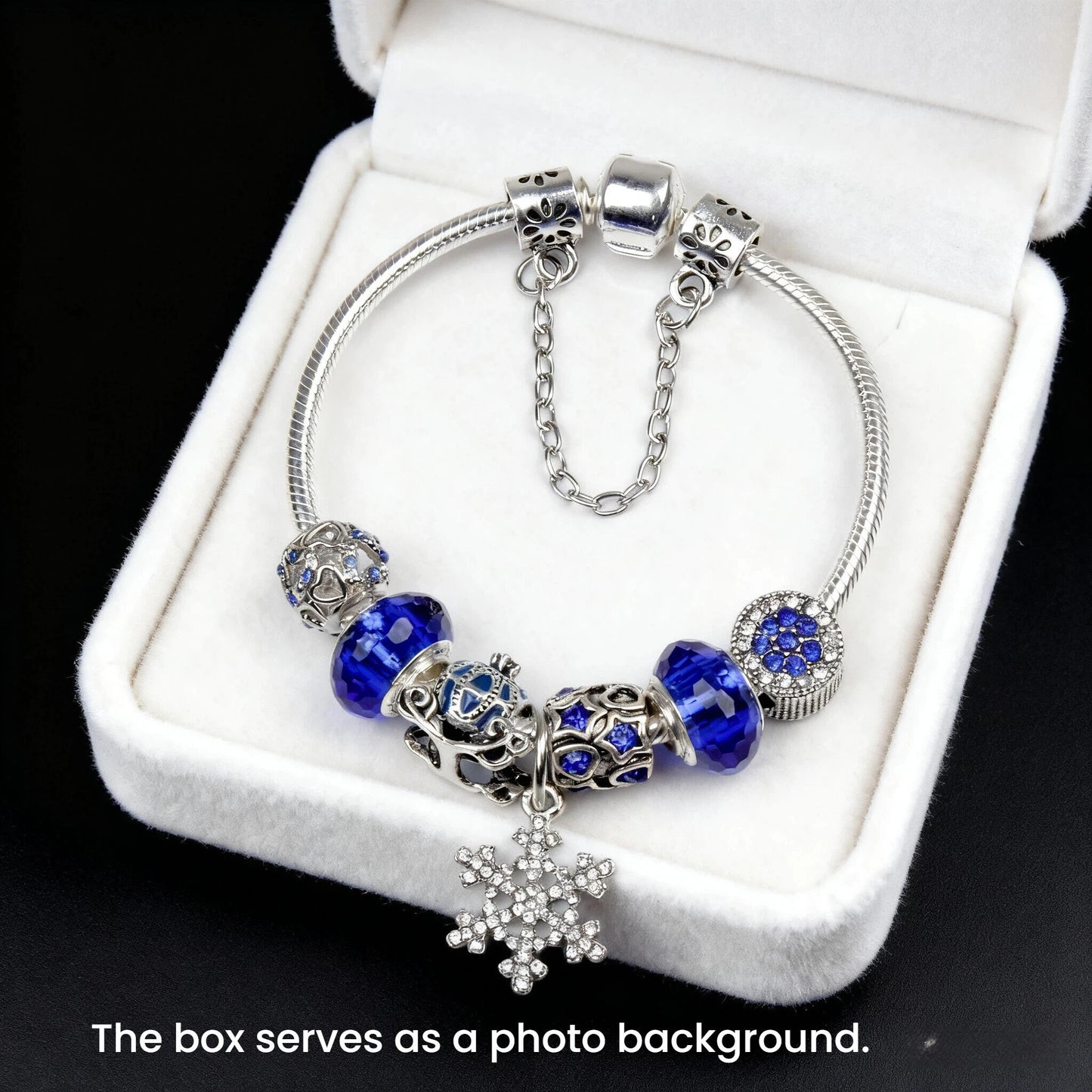 Snowflake Pendant Bracelet - Blue Cat’s Eye & Glass Beads, Zinc Alloy with Rhinestone Silver Carved Charms(17cm) - Image 3