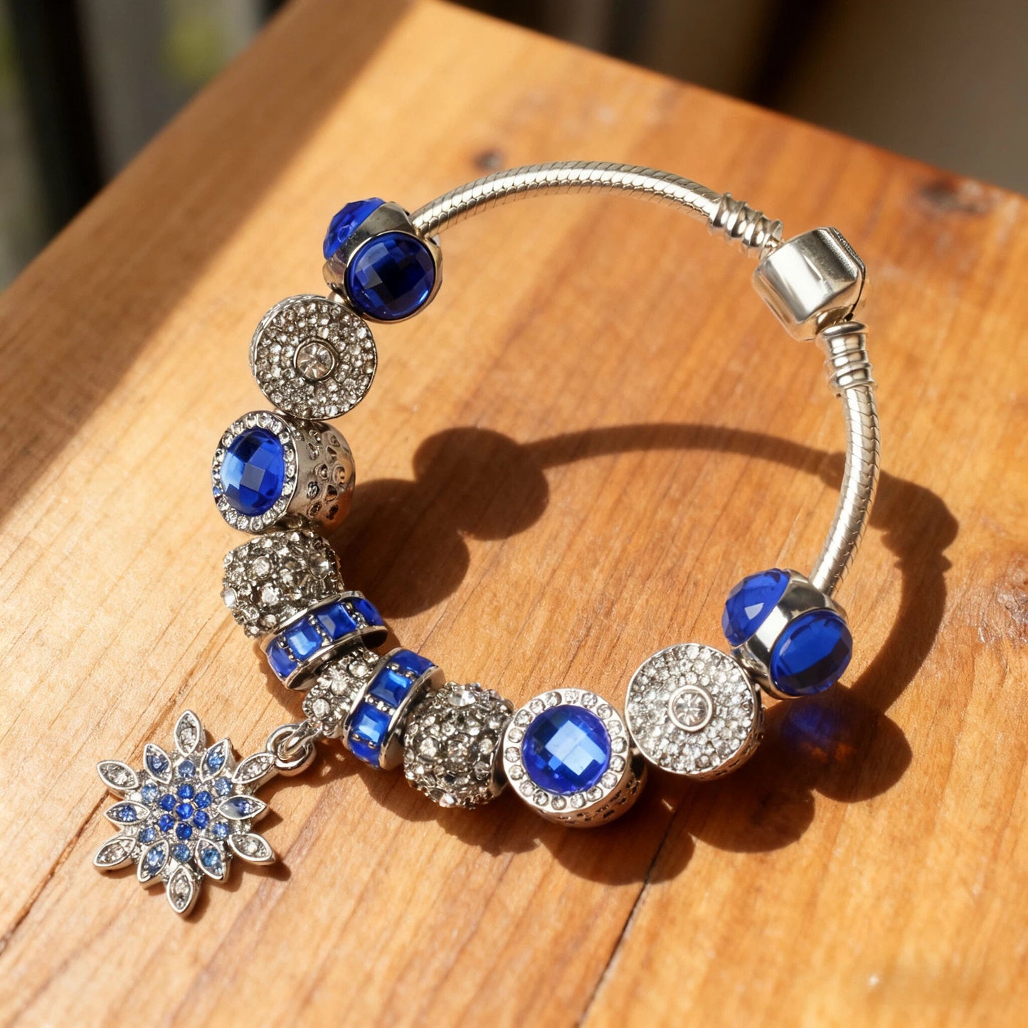 Blue Cat's Eye Glass Bead Bracelet - Zinc Alloy Rhinestone & Snowflake Pendant(17cm) - Image 3