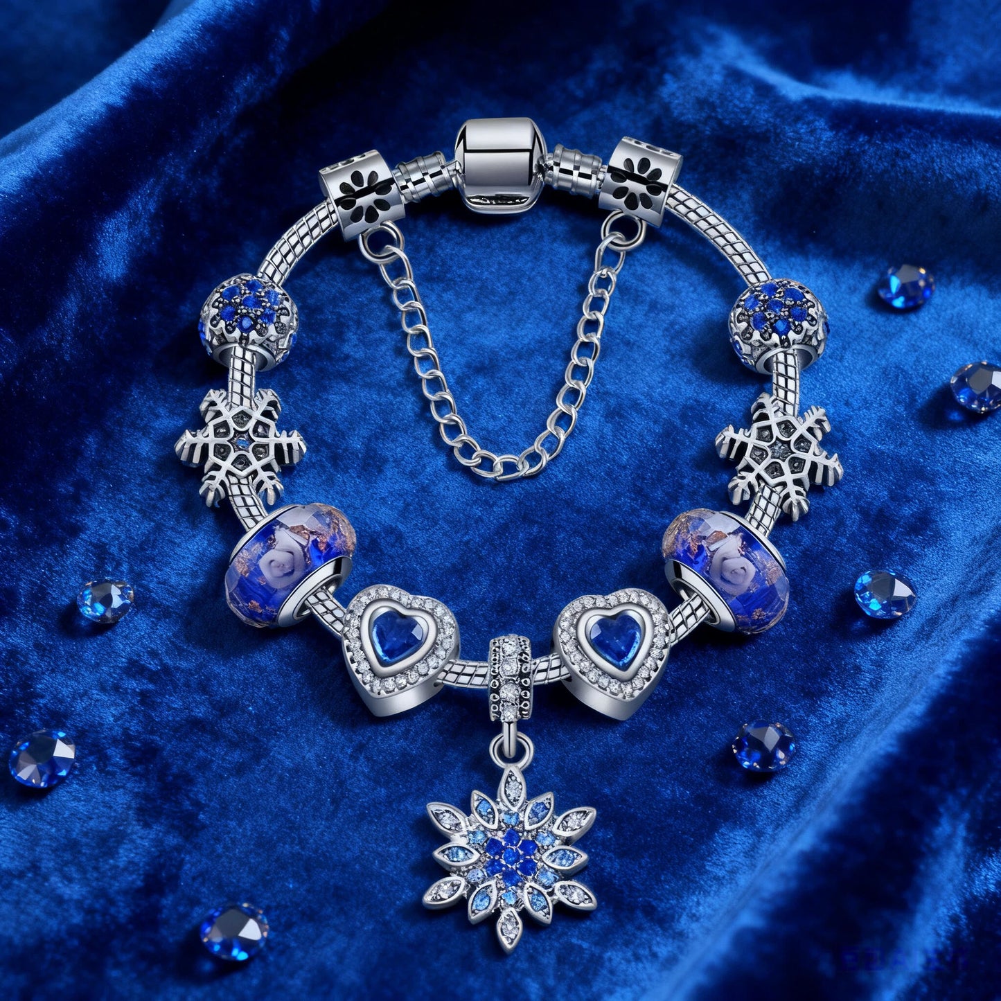 Blue Cat’s Eye & Glass Bead Bracelet – Rhinestone Snowflake Pendant(18cm) - Image 5