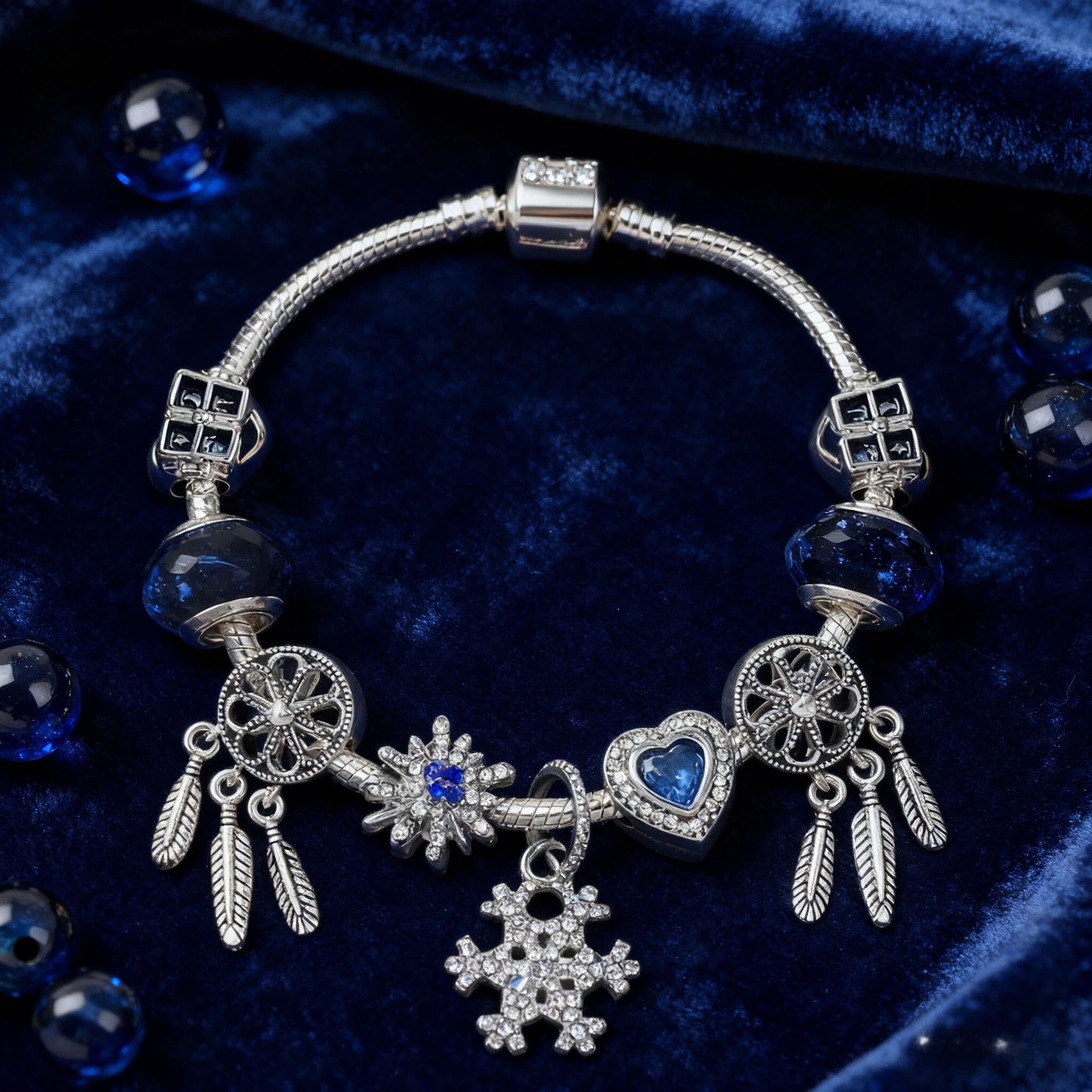 Pandora-Style Rhinestone Blue Cat’s Eye Heart Bracelet: Glass Beads, Dreamcatcher Feather Snowflake(18cm) - Image 3