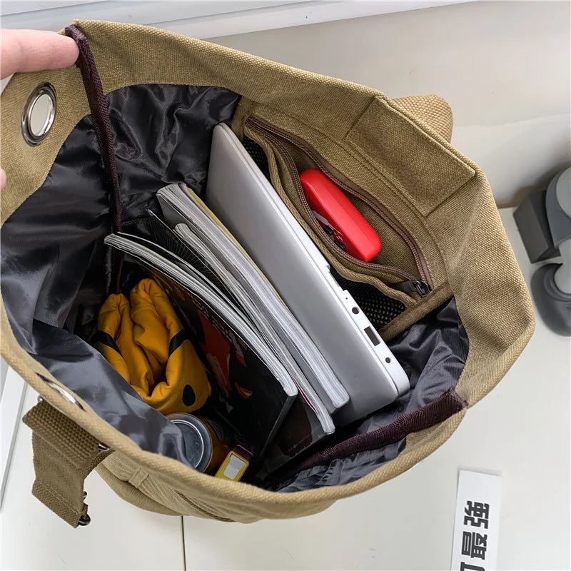 Canvas Travel Backpack with Bucket Design Khaki - Image 3