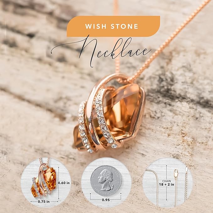 Wish Stone Pendant Necklace, Necklaces for Women with Birthstone Crystals, Allergy-Free Jewelry for Women with Gift Box, 26K Rose Gold Plated or Silver-tone Birthstone Necklace for Women-11-November Birthstone-Amber Brown - Image 2
