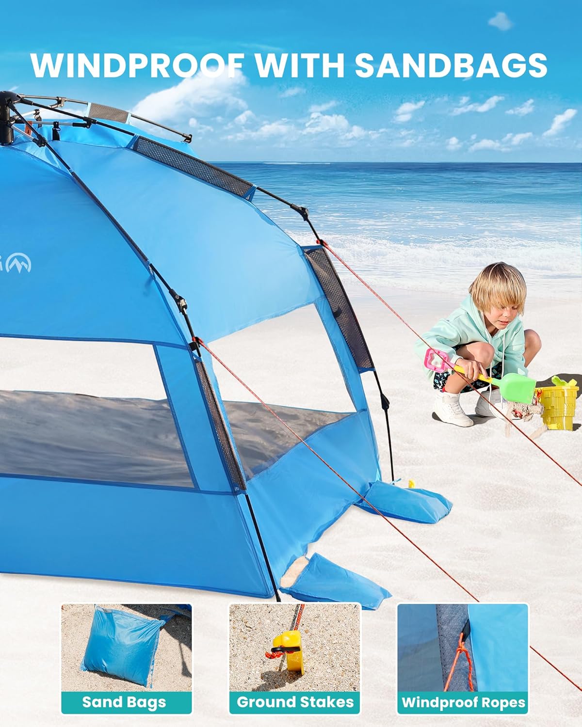 OutdoorMaster Pop Up 3-4 Person Beach Tent X-Large - Easy Setup, Portable Beach Shade Canopy Folding Sun Shelter with UPF 50+ UV Protection Removable Skylight Family Size (Blue) - Image 6