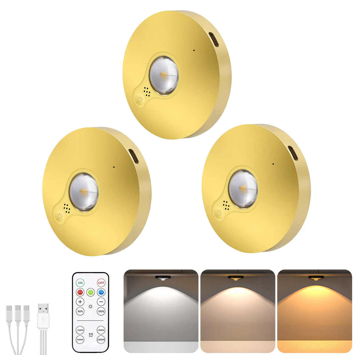 3 Lights LED Rechargeable Slim Cabinet Light, 2cm, Remote Control, Magnetic Mount