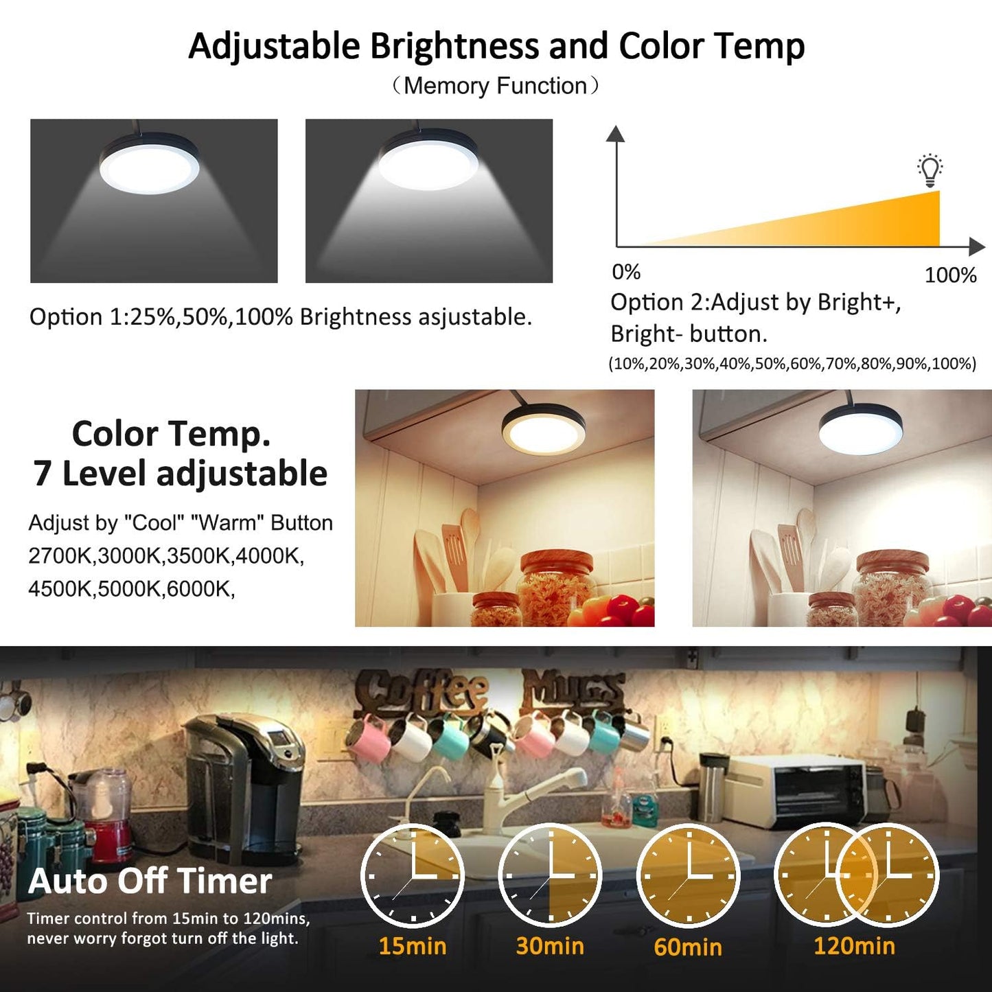 LED Under Cabinet Puck Lights CCT Light Color Temperature Adjustable Warm+White Double Color with Dimmable RF Remote Controller for Kitchen Shelf Ambiance Display Lighting (8 Lights, 24W) - Image 6