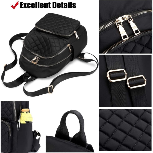 Women's Casual Backpack - Anti-Theft Nylon Small Backpack, Black - Image 5