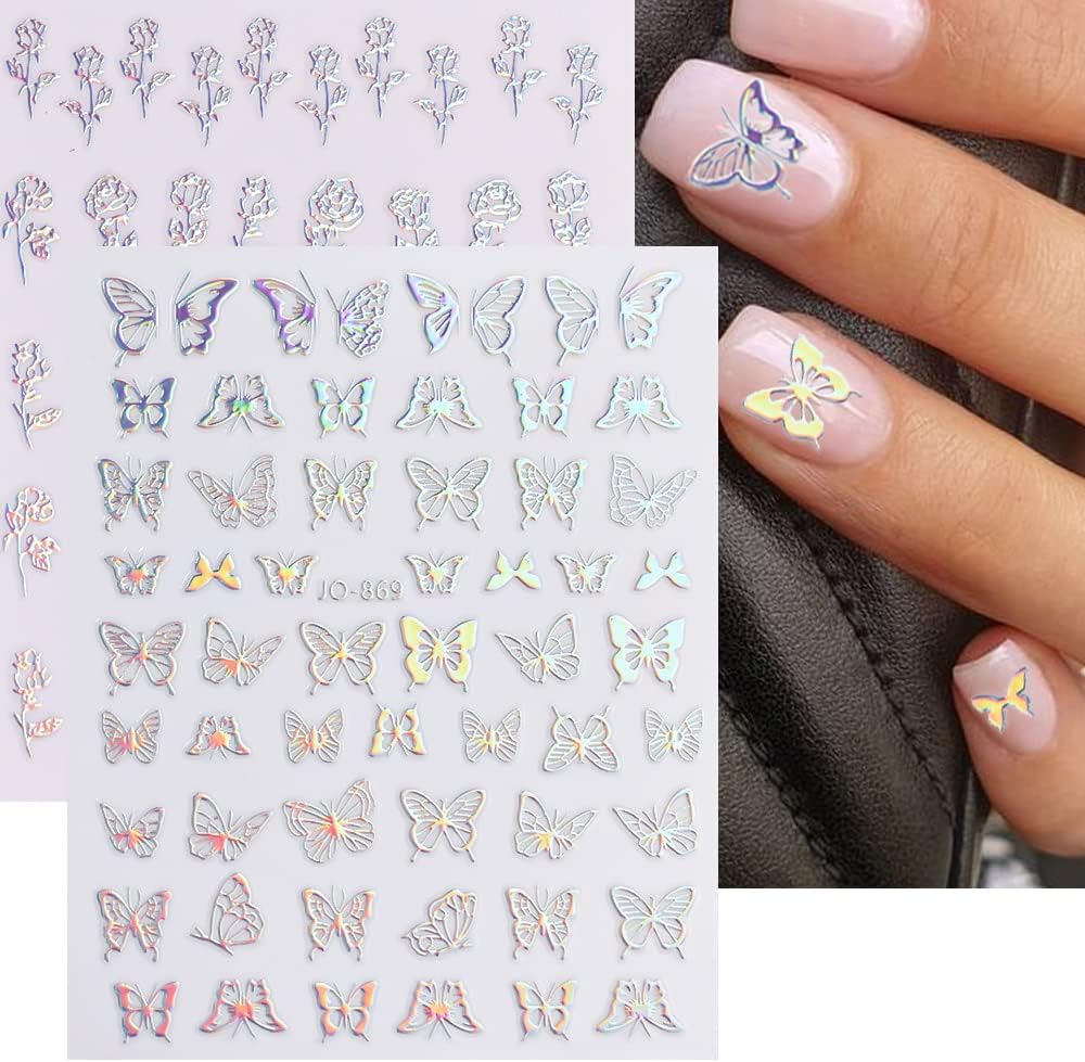 Aurora Nail Stickers 8 Sheets 3D Holographic Laser Heart Star Moon Flower Butterfly Nail Decals Self-Adhesive - Image 5
