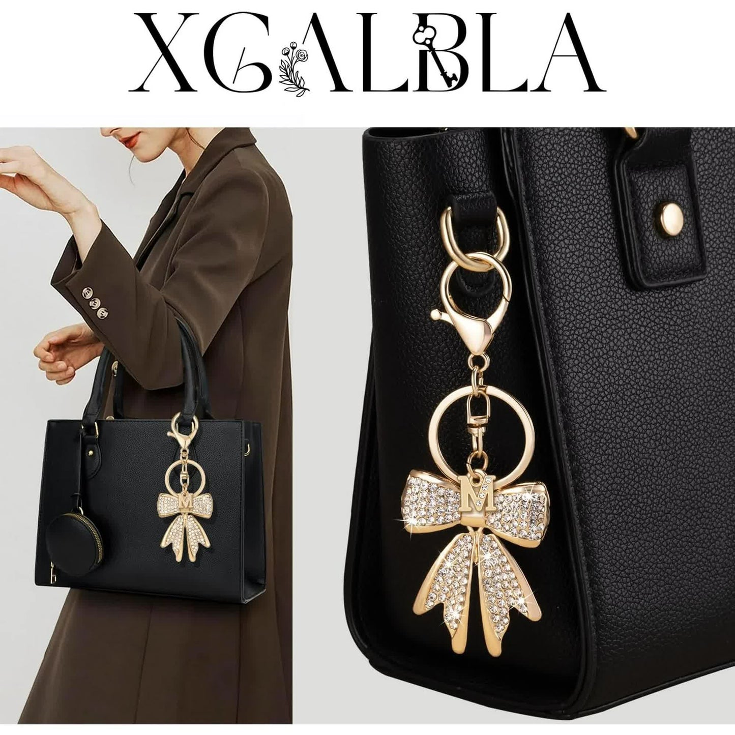 Sparkly Cute Initial Letter Rhinestone Bow Keychain for Women Gold Tone Bag Charms Coquette Aesthetic Purse Charms - Image 4
