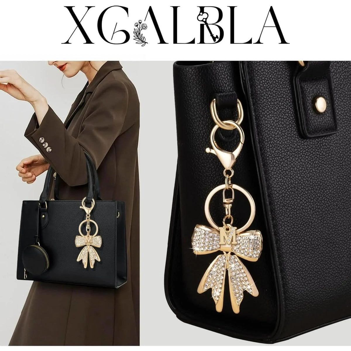 Sparkly Cute Initial Letter Rhinestone Bow Keychain for Women Gold Tone Bag Charms Coquette Aesthetic Purse Charms - Image 4