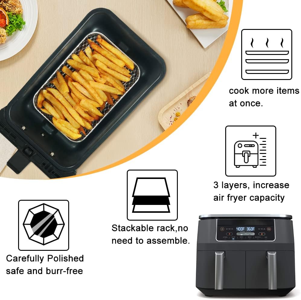Air Fryer Rack for Ninja Dual Airfryer, 3pcs Stackable Stainless Steel Dehydrator Rack, Rectangle Double Air Fryer Accessories, Ninja Dual Airfryer Accessories - Image 4