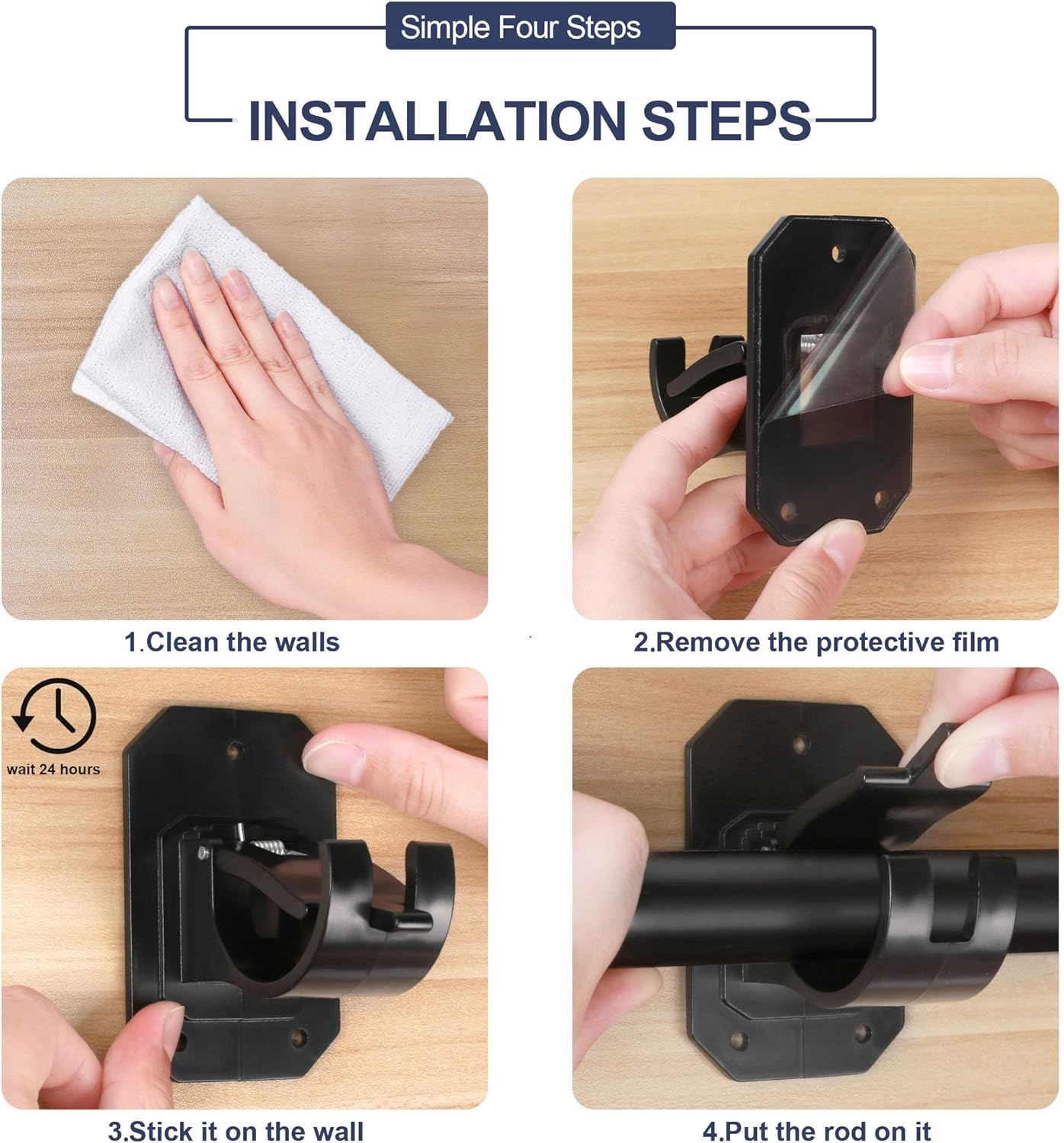 8PCS No Drill Curtain Rod Brackets,Nail Free Adjustable Curtain Rods No Drilling,Self Adhesive Curtain Rod Holder,Perforated Curtain Rod Hook,Non Screw Stick On Sticky Black Drape Pole Hanger Black - Image 4