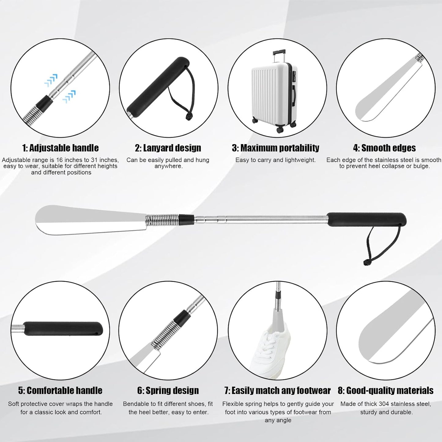Extendable Shoe Horn, Premium Stainless Steel Adjustable Handle Shoe Lifter with Long Handle Shoehorn Telescopic Travel Shoe Helper Shoe Aid Tools for Women Men Seniors - Image 4