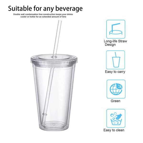 Reusable Plastic Cups Double Walled Transparent Drinking Cup with Straw Reusable Cups Suitable for Fruit Juice-max - Image 5