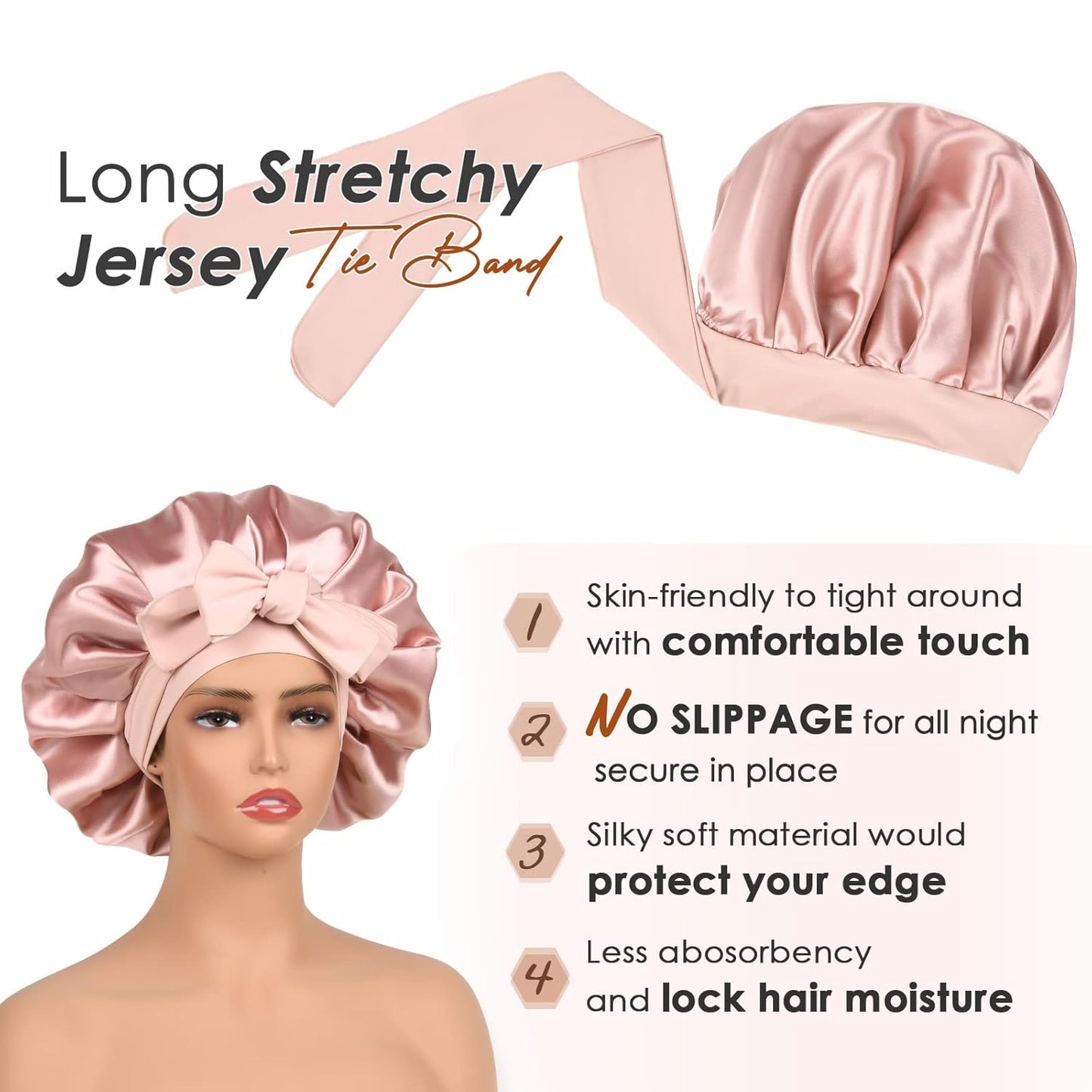 Satin Bonnet Silk Bonnet for Sleep Double Layered Satin Lined Hair Cap with Ties Bonnets for Women Natural Curly Hair Pink - Image 4