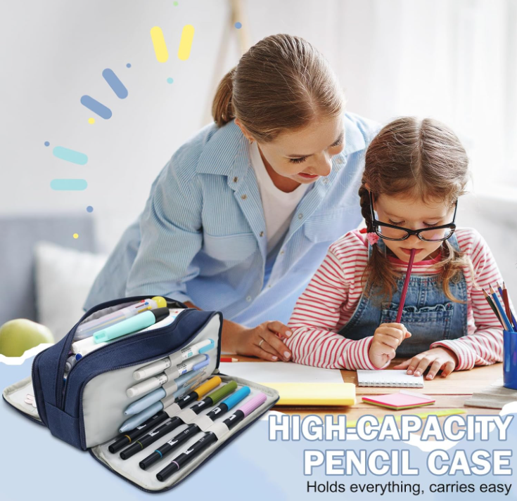 Large Capacity Pencil Case 3 Compartment Pouch Pen Bag for School Teen Girl Boy Men Women (Navy) - Image 6