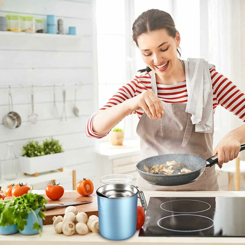 Oil Pot Grease Can Stainless Steel Storage Can With 1.6 Liter Can Dustproof Lid For Fine Mesh Strainer Non-Slip Plate - Image 4