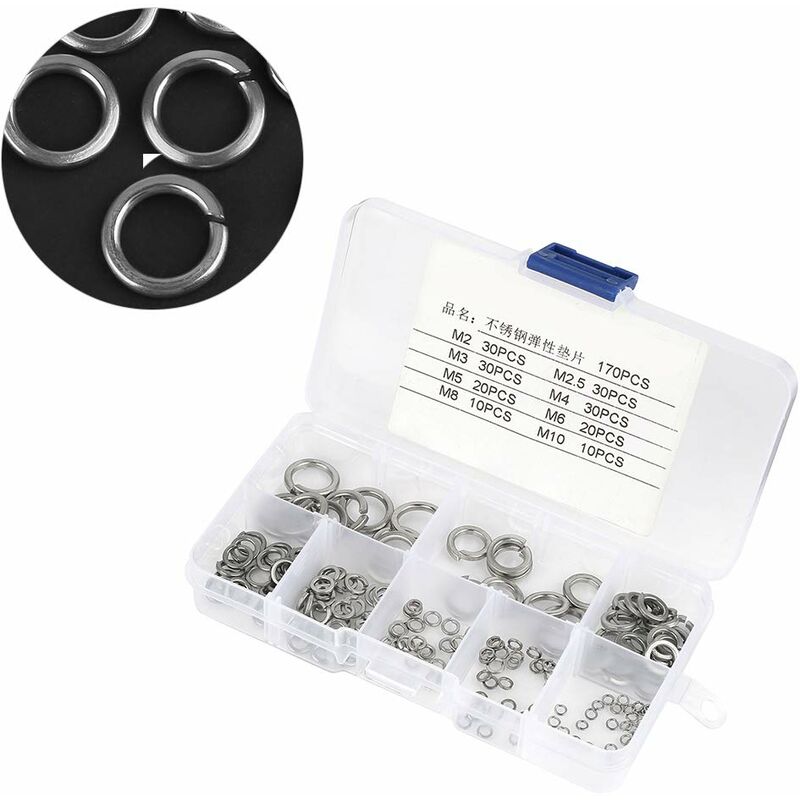 180 pcs 8 Size 304 Stainless Steel Spring Washer Assortment Kit, Spring Washers Kit M2.5 M3 M4 M5 M6 M8 M10 - Image 4