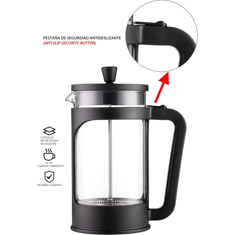 1 Liter/34 Oz French Press Coffee/Tea Maker Heat Resistant Borosilicate Glass, Stainless Steel Filter & Black Lid. - Image 3