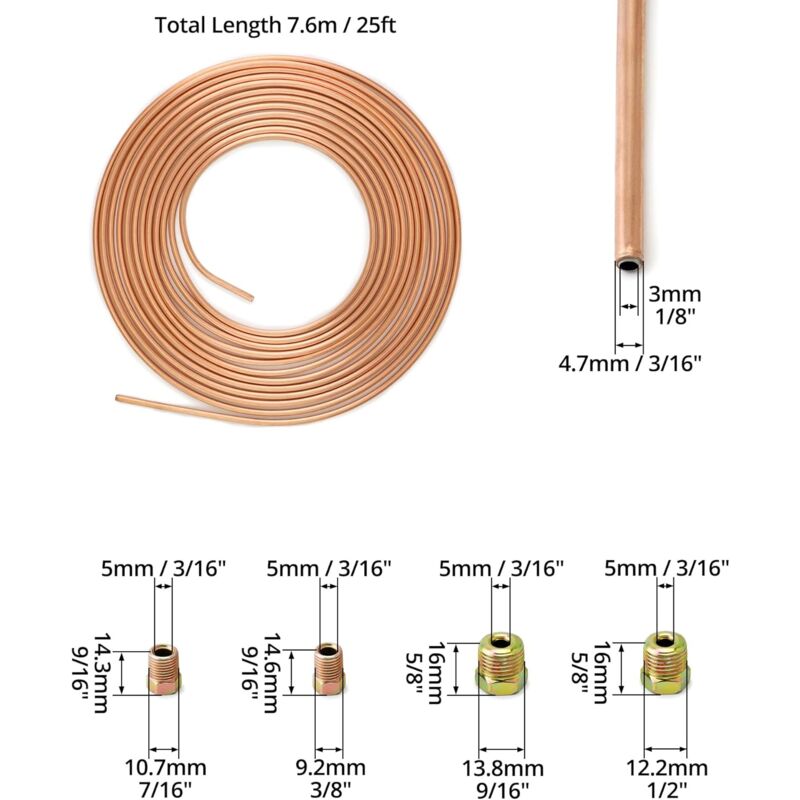 7.6M Brake Copper Hose, Brake Pipe Tube, Od 4.76Mm, Id 3.3Mm With 16 Nuts - Image 4