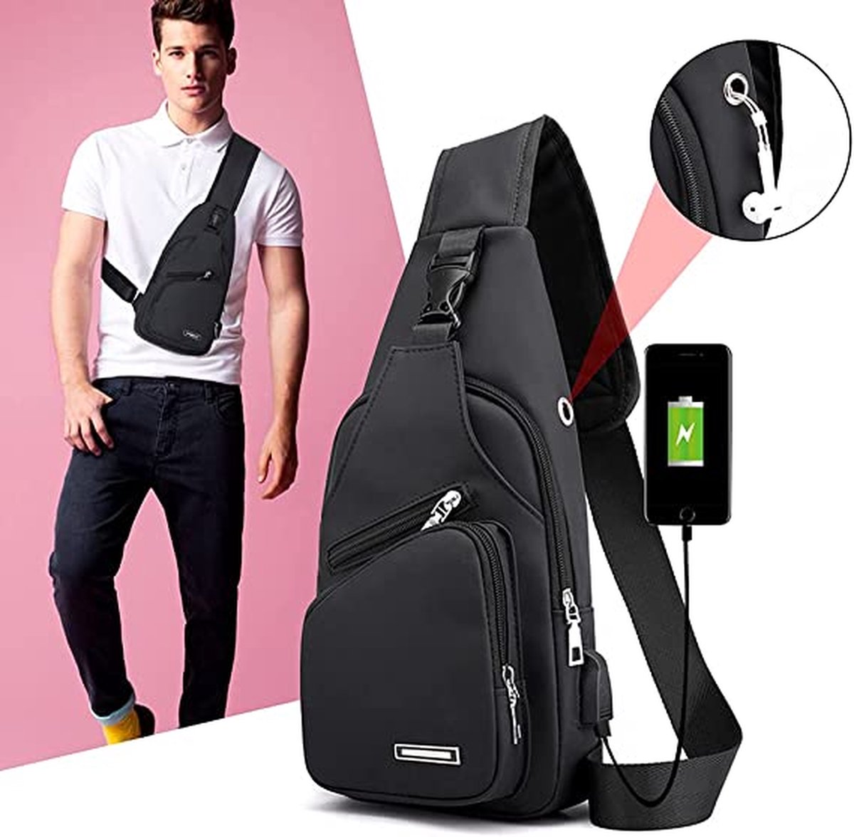 Fanny pack - Shoulder bag - With USB charging port - Men's - Chest bag - Anti-theft - Blue - Image 4
