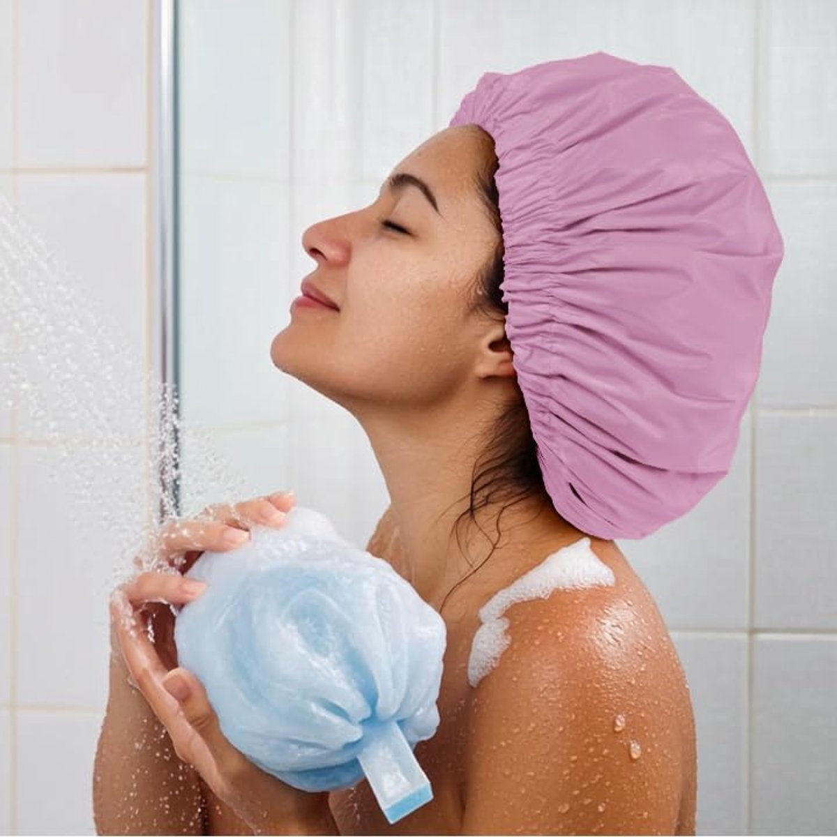 Swimming Cap - Women's Shower Cap - Large Waterproof Shower Cap - Washable Elastic Band - Swimming Cap for Long Hair - Droog Hair - Purple - Perfect for the Bathroom, Travel and Outdoors - Image 5