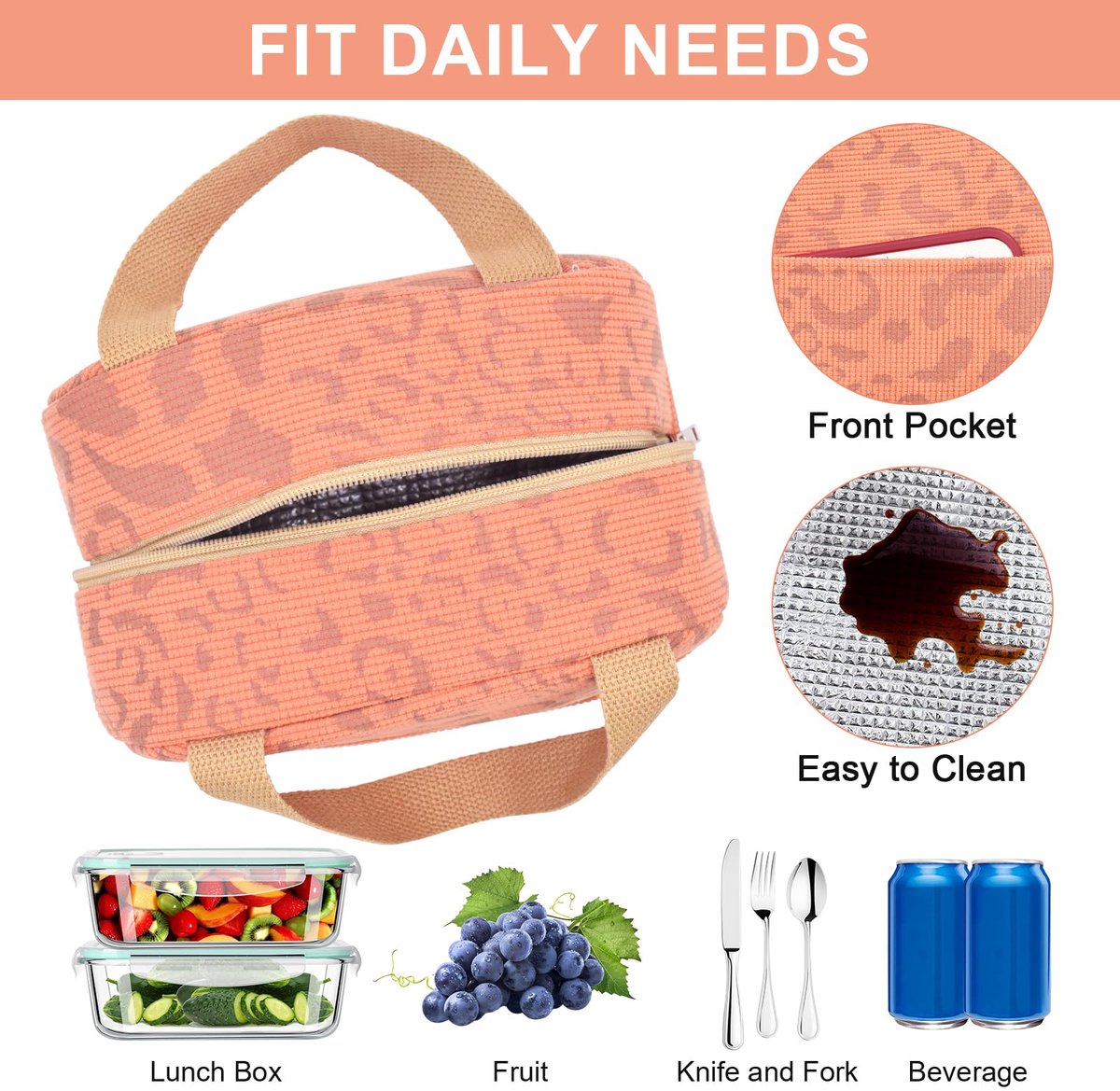 Children's Lunch Bags - Reusable Lunch Bag - Lunch Bags - Lunch Bags for Women and Men - Mini Insulated Bag 6L - Small Insulated Picnic Bag - For Work, School, Picnics and Travel (Orange) - Image 7
