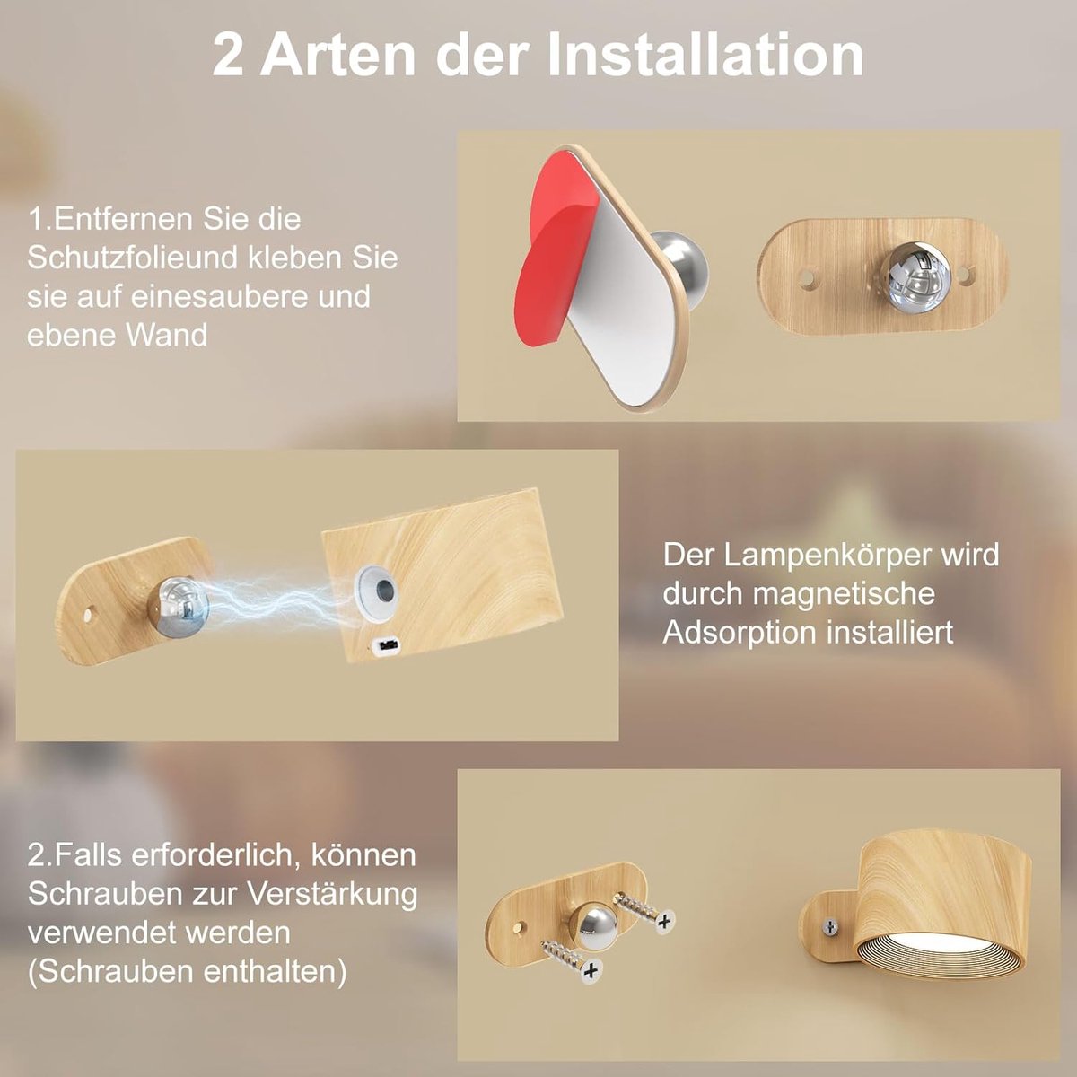Night light - Indoor wall light - Rechargeable wall light - Children's night light - Wall light with 1 battery - Touch control with 3 brightness levels - 360° rotation - For living room, bedroom, staircase - Wood grain - Image 6