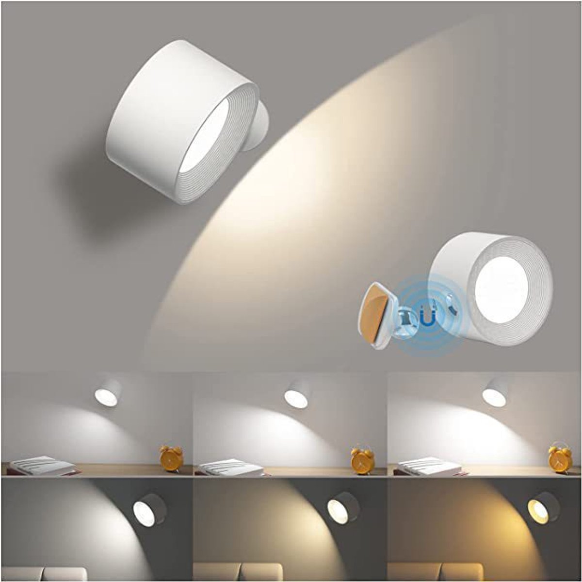 LED indoor wall light with battery, 1 piece, touch control, 3 brightness levels, 360° rotation, suitable for living room, bedroom, stairs, hallway, wireless wall light, white - Image 5