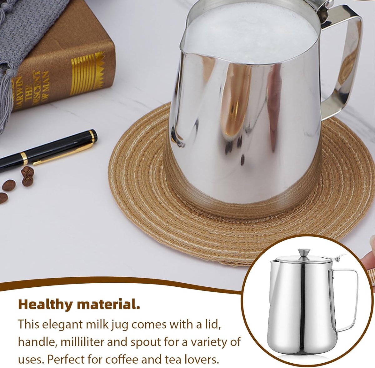 Milk Jug - Barista Latte Artisan Accessories with Lid - 600ml Milk Jug - Stainless Steel Milk Jug with Lid - Milk Frothing Jug - Coffee Milk Jug with Cup - Suitable for Cappuccino, Espresso, and Barista Use - Image 7