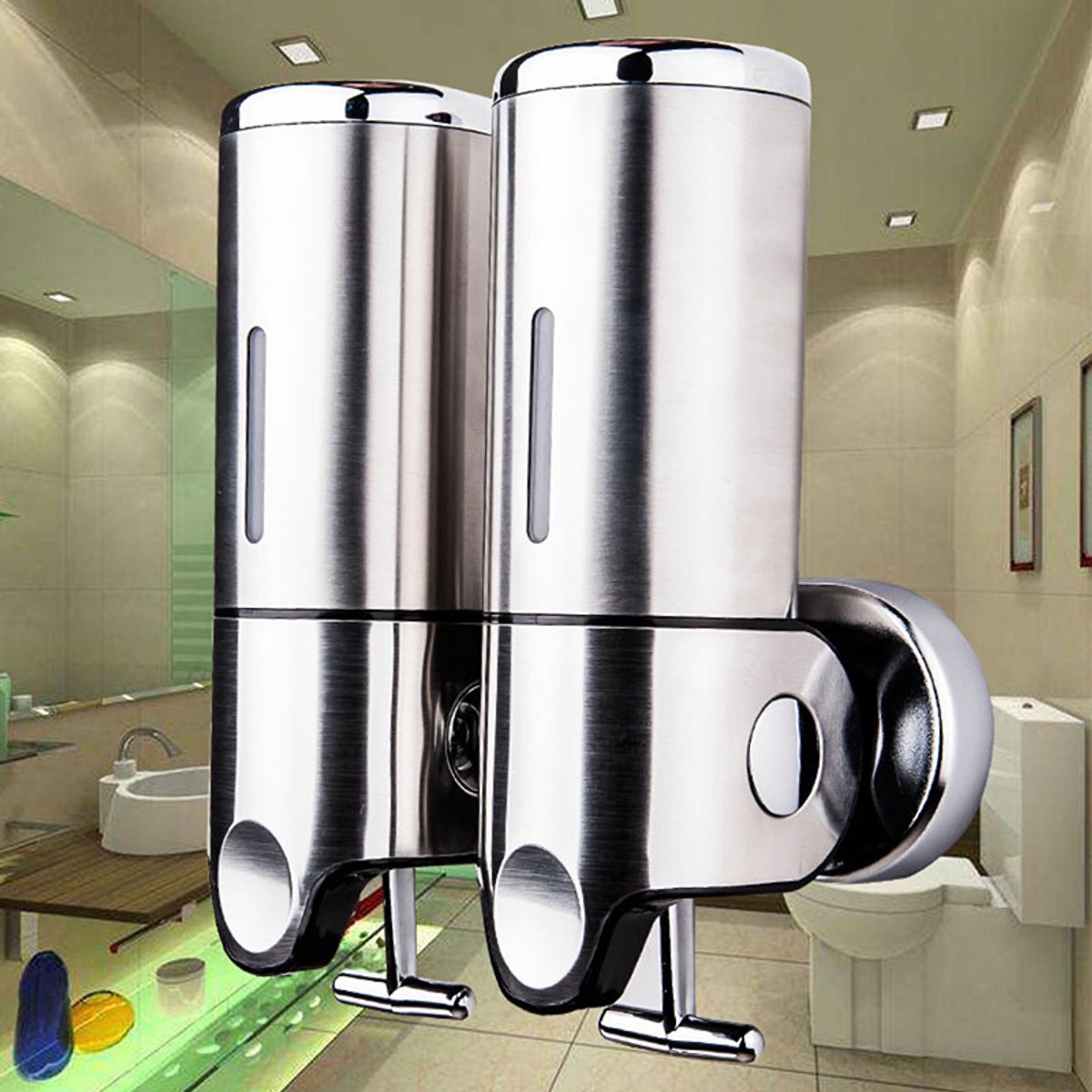 2-in-1 Soap Dispenser - Liquid Dispenser - 2 x 500 ml - 2 Reservoirs - Wall Mounted - Kitchen - Bathroom - Shower - Stainless Steel - 25 x 18.5 x 9 cm - Silver - Hanging Soap Dispenser - Image 4