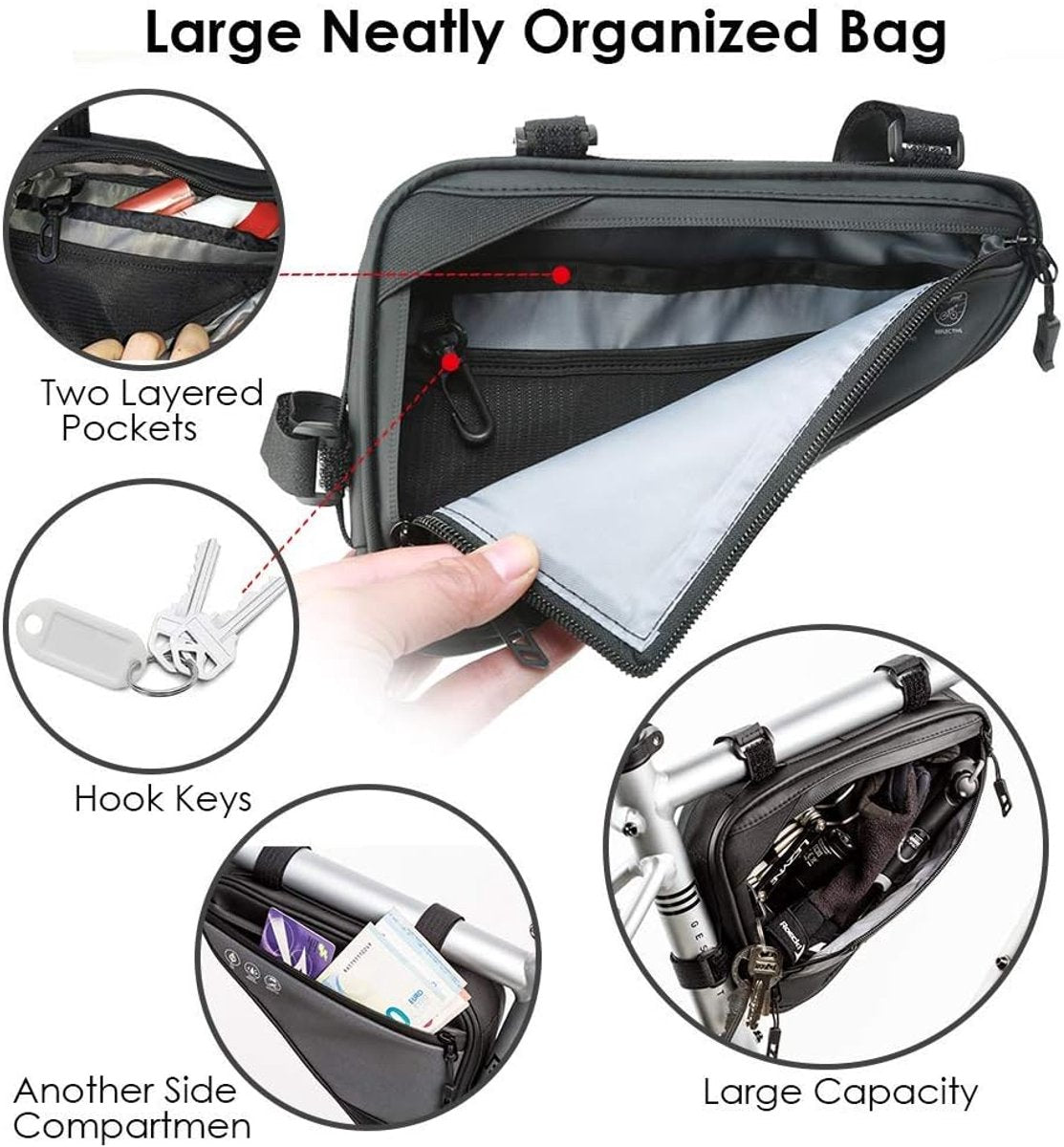 Bicycle pannier - Bicycle frame bag - Bicycle frame bag - Triangular bicycle frame bag - Storage bag - Reflective bicycle bag - Mountain bike, road bike accessories, large capacity - Black - Image 9