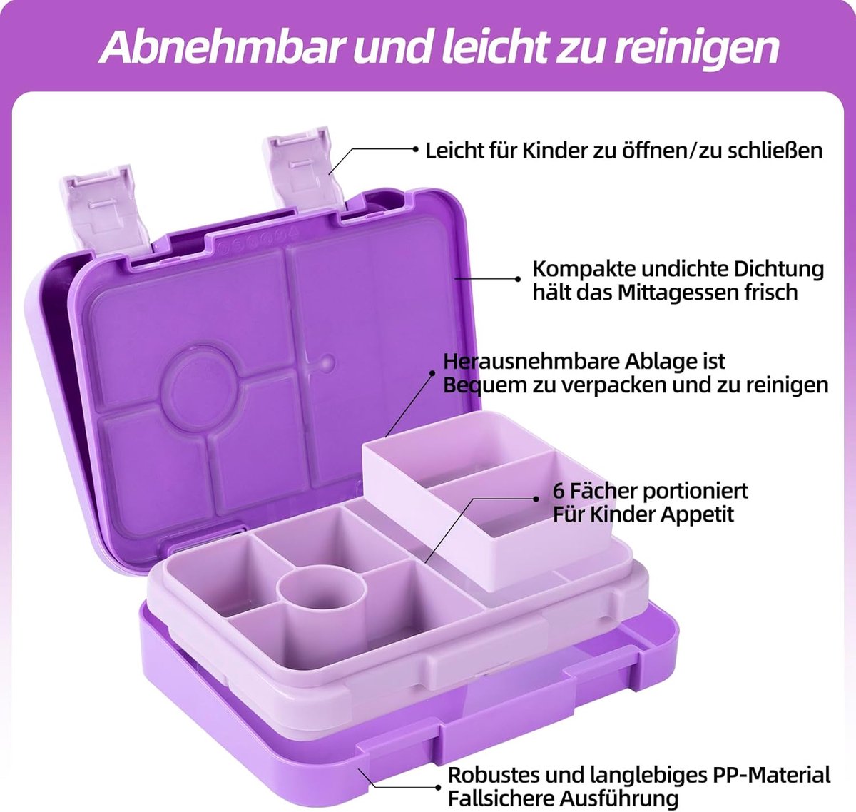 Kids Bento Lunch Box with 6 compartments for School, Kindergarten and Outdoors, Leakproof, Dishwasher Safe, BPA Free (purple) - Image 5
