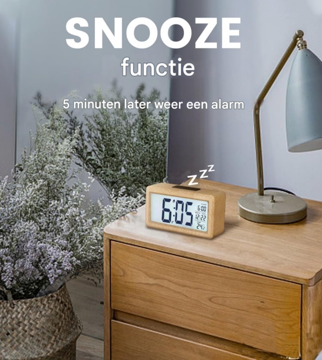 Wekker digital alarm clock, wooden, with sensor module, large screen, desk clock, date and temperature display, night light, digital clock with snooze module (batteries not included) - Image 5