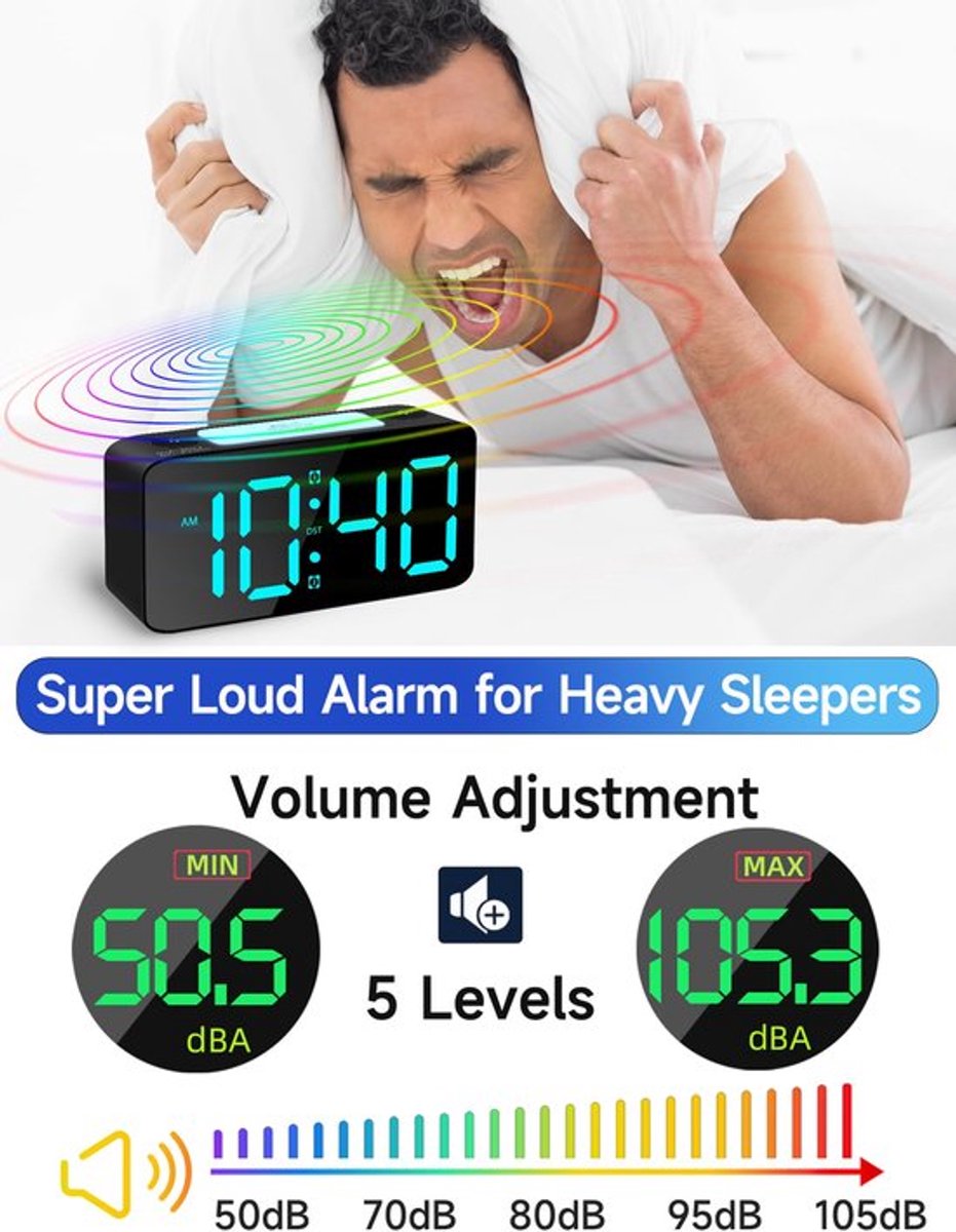 Digital Night Light - Extra Powerful - 7-Color Night Light - Ideal for Heavy Sleepers - Adjustable Volume and USB Charging - Place on the Bedside Table - Black - Image 4