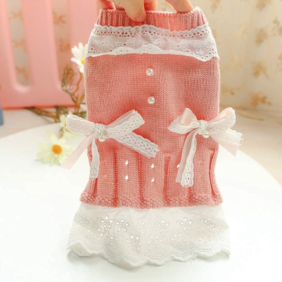 Dog Coat - Dog Sweater - Sweater Dress for Small Dogs - Female Dress with Bow - Pink and Blue Warm for Winter - Princess Lace - Birthdays - Valentine's Day - Pink Medium - Christmas Decorations - Christmas - Size XL - Image 5