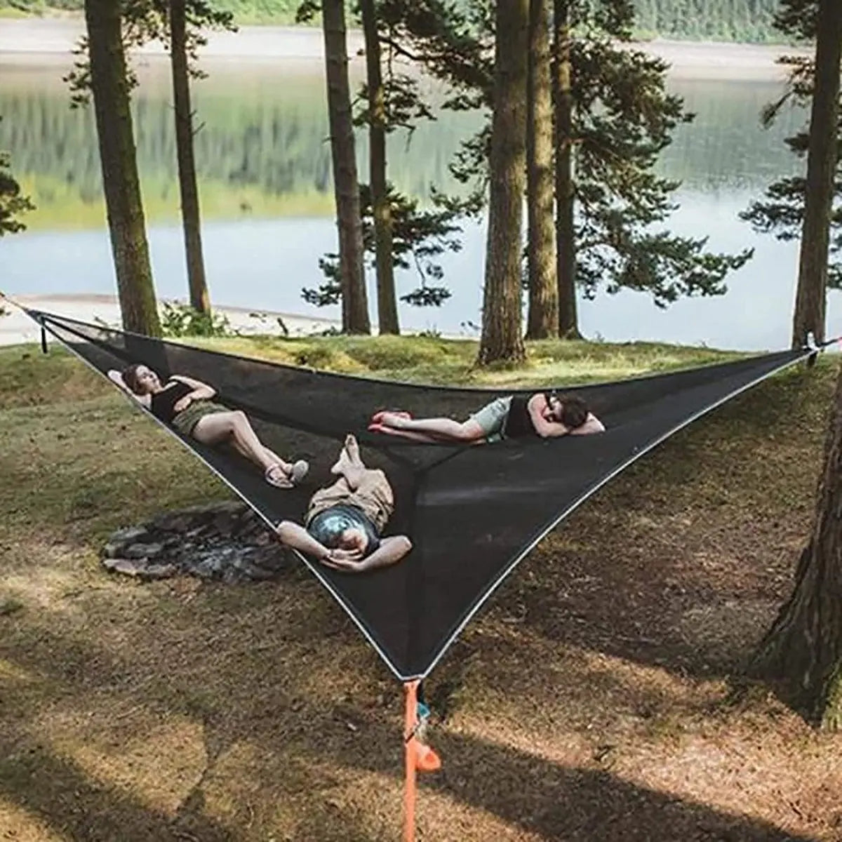 Portable triangular hammock for multiple people, outdoor camping aerial hammock, 3-point design for 2-3 people for travel, garden, camping, black, 400 x 400 x 400 cm - Image 8