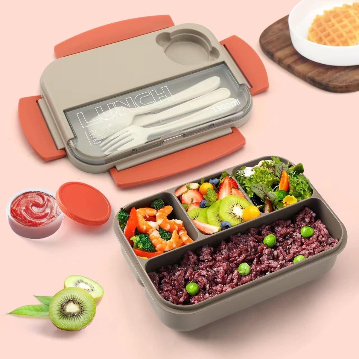 Lunch boxes - Lunch box - Adult lunch box - Children's lunch box - 1300 ml stackable for adults - Leakproof container with compartments - 4-in-1 lunch box, gravy boat and cutlery - Microwave and dishwasher safe (beige) - Image 5